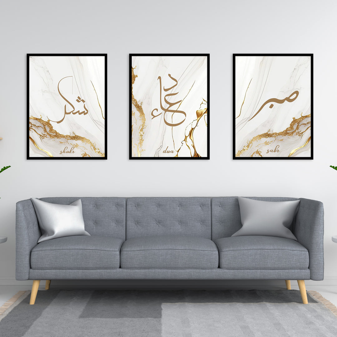 3x Islam Plakater | Shukr, Dua, Sabr - Grey Golden Marble