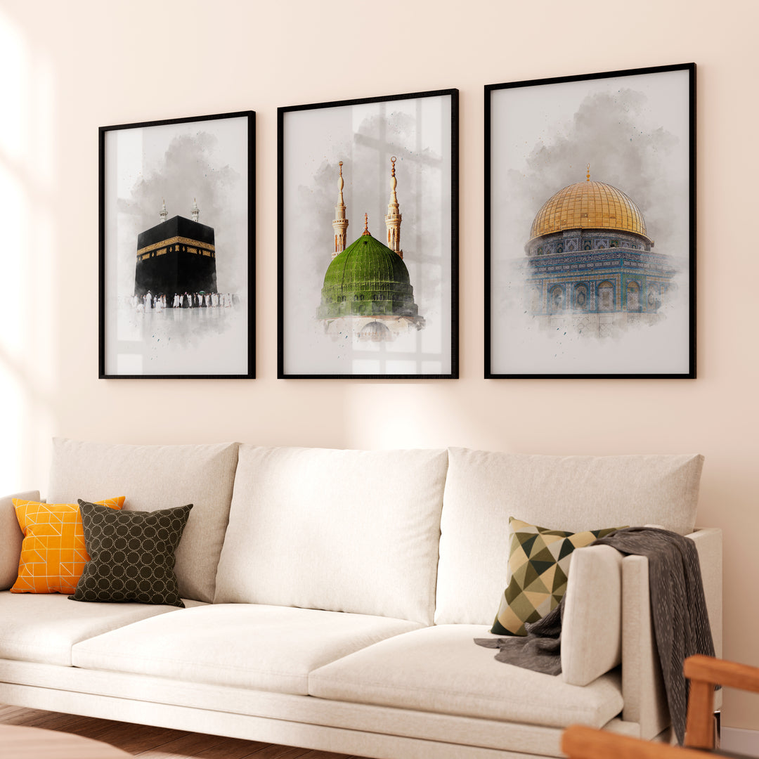 3x Islam Plakater | Kaaba Mecca, Masjid an-Nabawi & Al-Aqsa Mosque Islamisk Plakater