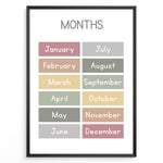 Indlæs billede til gallerivisning Pastel-colored months-of-the-year poster showing January through December in soft color blocks, framed as children’s educational wall art.
