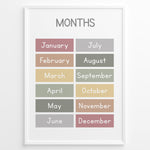 Indlæs billede til gallerivisning Pastel-colored months-of-the-year poster showing January through December in soft color blocks, framed as children’s educational wall art.
