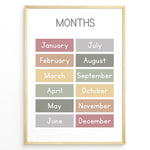Indlæs billede til gallerivisning Pastel-colored months-of-the-year poster showing January through December in soft color blocks, framed as children’s educational wall art.
