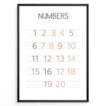 Indlæs billede til gallerivisning Pastel-colored number poster showing numbers 1 to 20 arranged on handwriting lines, framed as children’s educational wall art.
