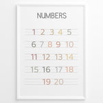 Indlæs billede til gallerivisning Pastel-colored number poster showing numbers 1 to 20 arranged on handwriting lines, framed as children’s educational wall art.
