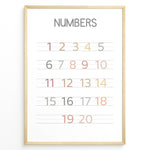 Indlæs billede til gallerivisning Pastel-colored number poster showing numbers 1 to 20 arranged on handwriting lines, framed as children’s educational wall art.
