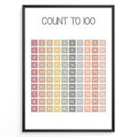Indlæs billede til gallerivisning Pastel-colored number chart showing numbers 1 to 100 in a neat grid, framed as children’s educational counting wall art.
