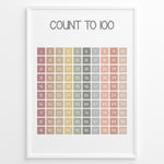Indlæs billede til gallerivisning Pastel-colored number chart showing numbers 1 to 100 in a neat grid, framed as children’s educational counting wall art.
