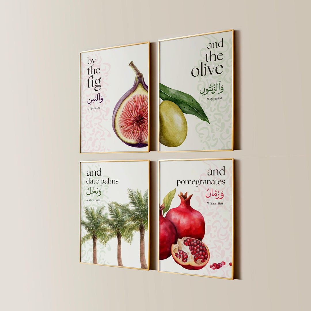 Køb et elegant plakatsæt med figen, oliven, dadelpalmer og granatæble inspireret af Koranen. Moderne botanisk vægkunst med kulturel inspiration og hurtig levering hos Plakaty.dk.