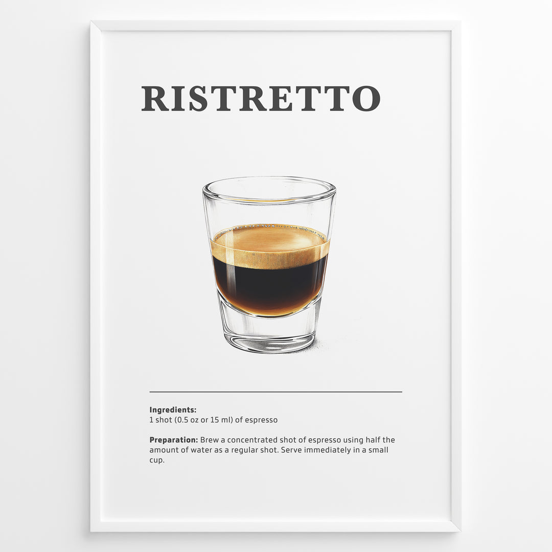 Minimalist Ristretto coffee recipe illustration with a small glass of concentrated espresso shot.