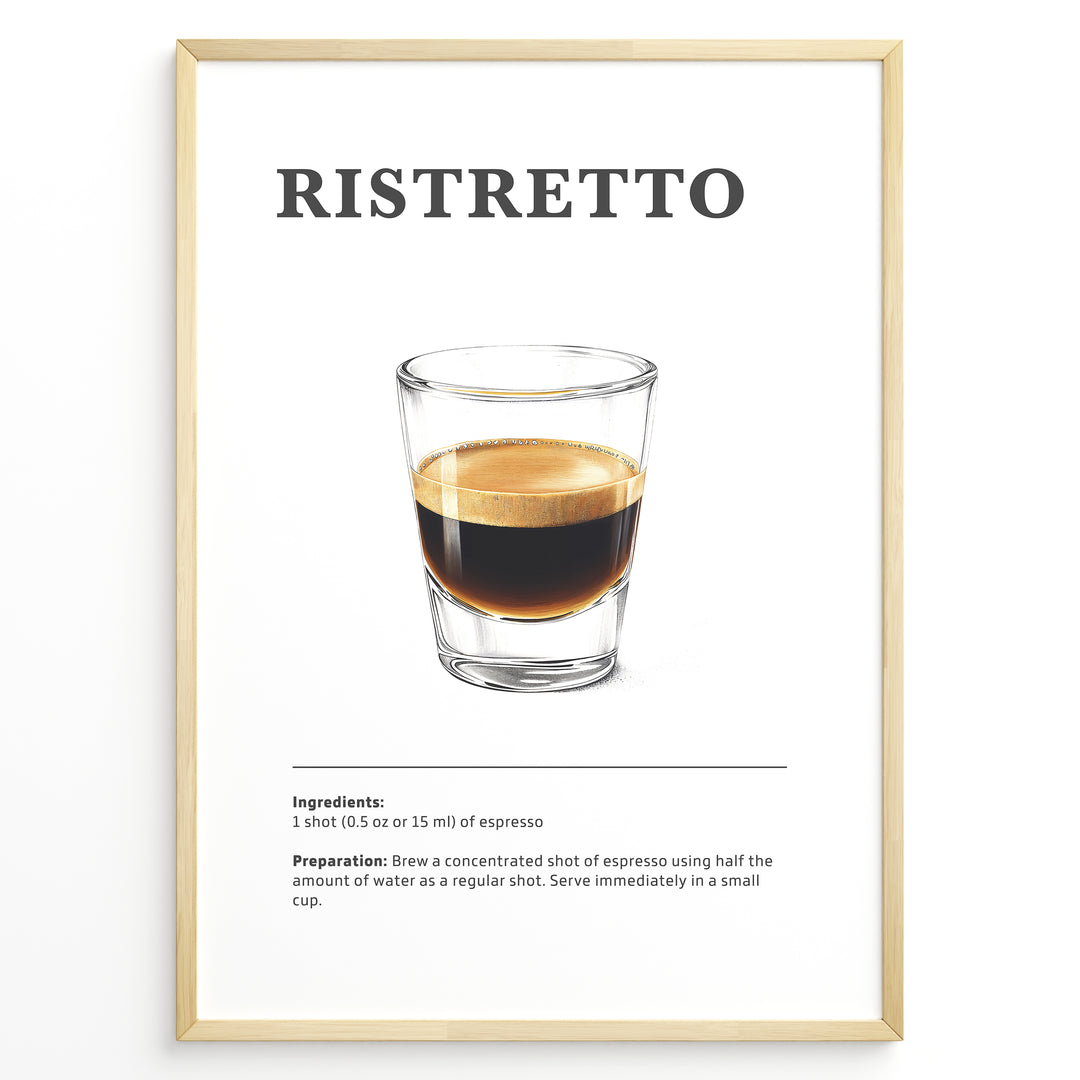 Minimalist Ristretto coffee recipe illustration with a small glass of concentrated espresso shot.