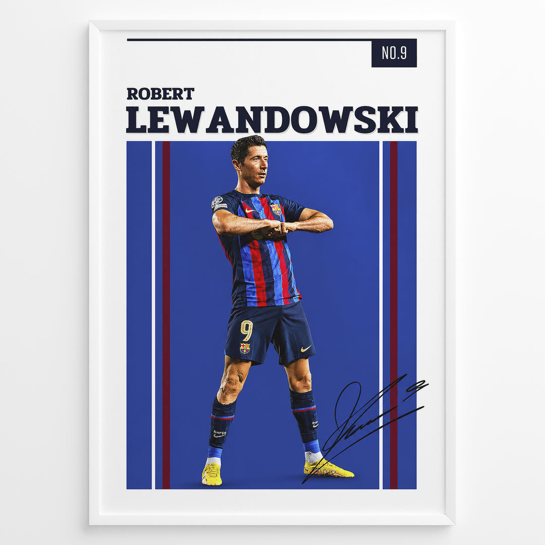 Robert Lewandowski plakat i FC Barcelona-trøje med moderne grafisk design og signatur