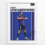 Indlæs billede til gallerivisning Robert Lewandowski plakat i FC Barcelona-trøje med moderne grafisk design og signatur
