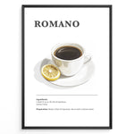 Indlæs billede til gallerivisning Minimalist Romano coffee recipe illustration with a cup of espresso and a lemon slice.

