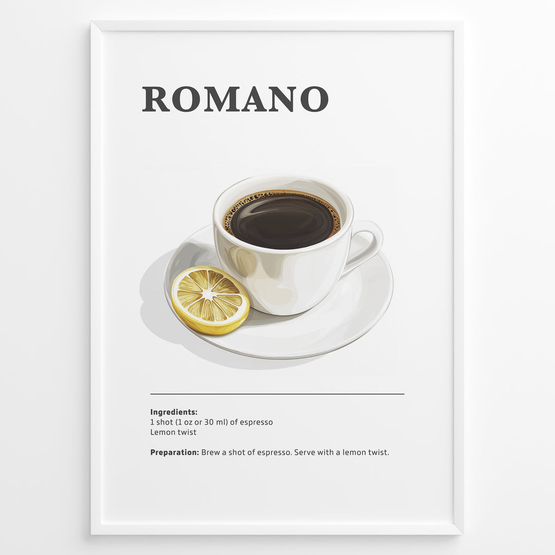 Minimalist Romano coffee recipe illustration with a cup of espresso and a lemon slice.