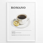 Indlæs billede til gallerivisning Minimalist Romano coffee recipe illustration with a cup of espresso and a lemon slice.
