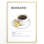 Indlæs billede til gallerivisning Minimalist Romano coffee recipe illustration with a cup of espresso and a lemon slice.
