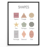 Indlæs billede til gallerivisning Educational shapes poster showing Square, Triangle, Circle, Star, Pentagon, Octagon, Rectangle, Diamond, and Oval with cute smiling faces, framed as children’s learning wall art.
