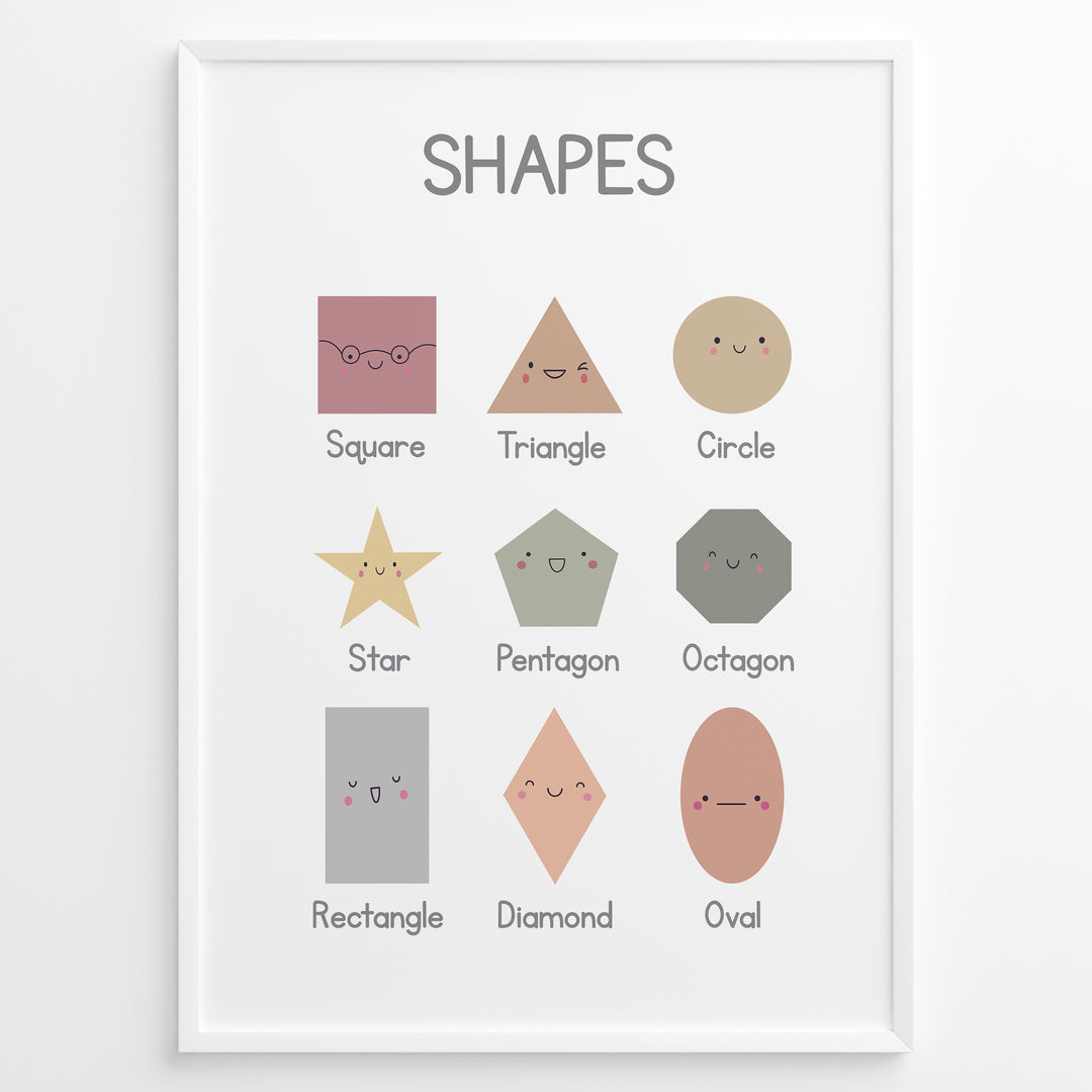 Educational shapes poster showing Square, Triangle, Circle, Star, Pentagon, Octagon, Rectangle, Diamond, and Oval with cute smiling faces, framed as children’s learning wall art.