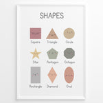 Indlæs billede til gallerivisning Educational shapes poster showing Square, Triangle, Circle, Star, Pentagon, Octagon, Rectangle, Diamond, and Oval with cute smiling faces, framed as children’s learning wall art.
