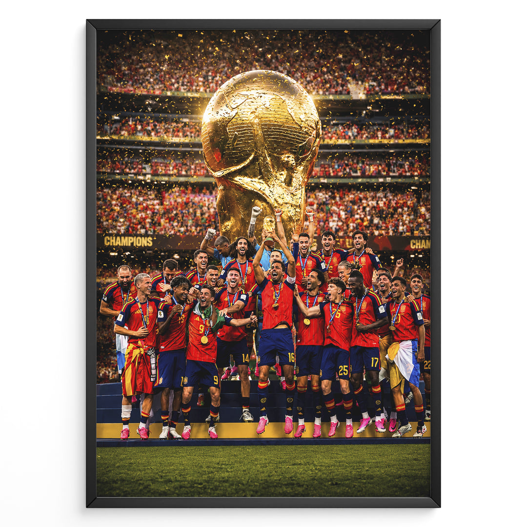 Spanien Verdensmester plakat med hele landsholdet og VM-trofæet under mesterskabsfejringen i 2026